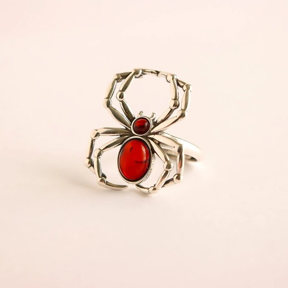 Baltic Amber Cherry Spider Ring in 925 Sterling Silver- Adjustable Size - Picture 3 of 6